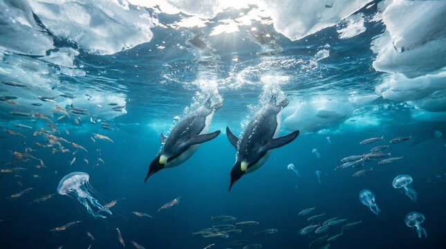 Emperor penguins swimming underwater in icy Antarctic ocean