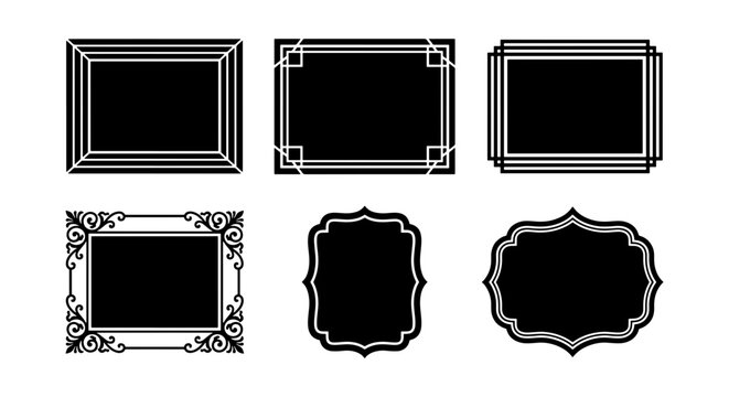 Elegant Black Vector Frames Collection, Ornate Decorative Borders Set, Classic Vintage Photo Mounts, Modern Geometric Shapes, 6 Graphic Elements