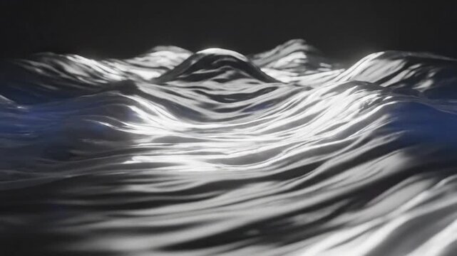 Abstract shimmering liquid silver waves rolling in slow motion with artistic depth in a dark ambiance