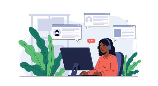 Professional woman wearing headphones and working on a computer while viewing different social media profiles and messages.