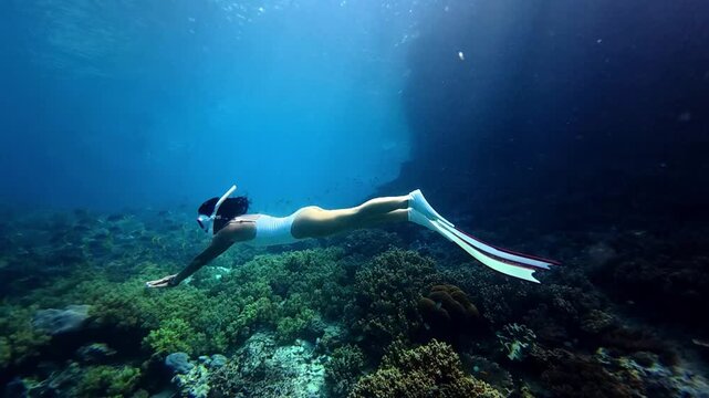 Young woman in swimsuit snorkeling in transparent tropical sea above coral reef,Summer travel concept	