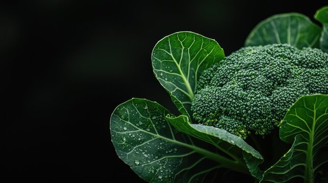 Fresh green edible plant head surrounded by large textured leaves against a dark background