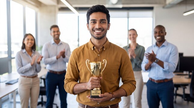 Indian Employee Holding Trophy Award in Modern Office. Corporate Success and Team Celebration Commercial Concept