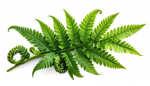 Vibrant green fern frond unfurls, showcasing intricate leaves and coiled fiddleheads