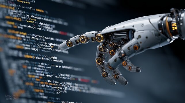 Futuristic robotic hand interacting with complex computer code in this detailed high quality digital photograph