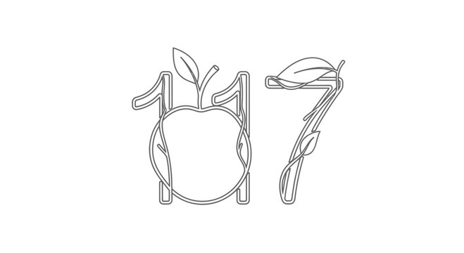 Number 117 with Apple and Leaves Outline Vector Illustration