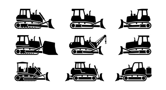 Construction Bulldozer Vector Icons Set, Heavy Machinery Silhouettes for Industry Projects, Earthmoving Equipment Collection