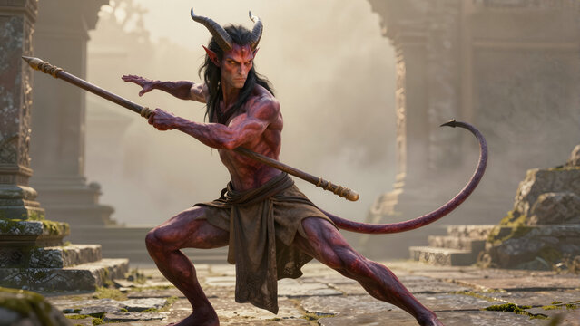 Mysterious Reddish-Violet Tiefling Warrior Monk with Curved Horns and Sweeping Tail in Dynamic Staff Strike at Golden Sunrise Temple Ruins &ndash; Photorealistic Fantasy Realism 16:9