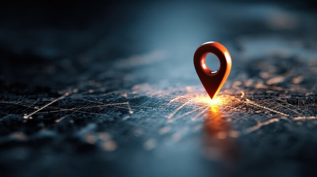 A close-up of a red location pin with a shimmering trail on a blurred surface. The pin symbolizes a point on a map.