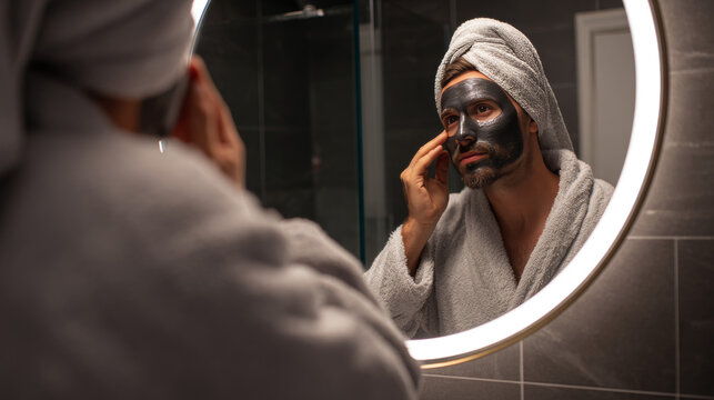 Modern masculine grooming concept with a man applying black charcoal face mask in front of bathroom mirror, clean lighting skincare routine