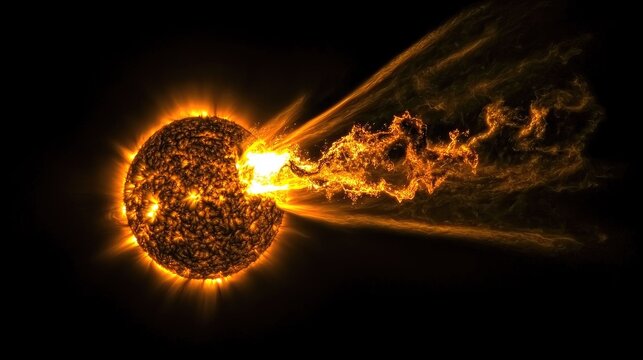 Celestial body expels bright, energetic plasma stream into dark space