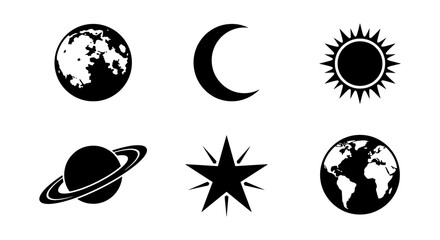 Cosmic Icons Set, Celestial Body Vector Graphics, Space Elements Collection, Astronomical Symbols, Black and White © Shohidul