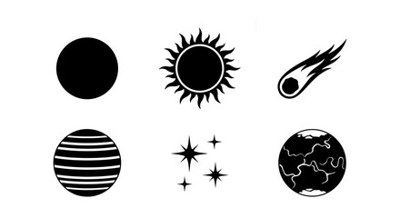 Cosmic Icons Set: Celestial Bodies, Planets, Sun, Meteor, Stars, Vector Graphics for Space Exploration and Astronomy Themes © Shohidul