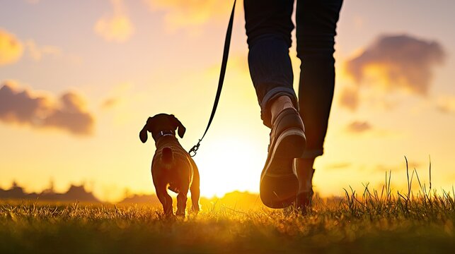 Person walking small canine companion on leash across grassy field during sunset