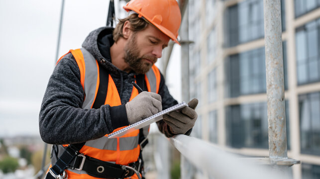 Scaffolding inspector completing load test log on suspended swing stage scaffold hanging from parapet of twelve-story residential tower, safety harness, overcast sky, scaffold certification, suspend