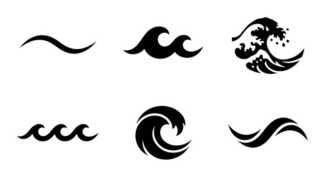 Set of 6 Black Wave Icons, Ocean Swirls, Sea Surfs, Water Splash Graphics, Nautical Symbols, Marine Design Elements
