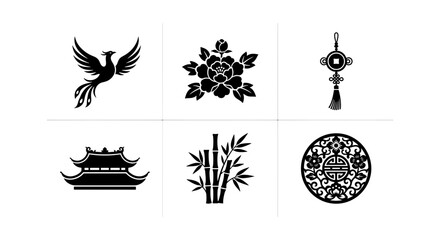 Asian Cultural Icons Set: Phoenix, Flower, Temple, Bamboo, Ornament, Mandala Vector Graphics © Shohidul