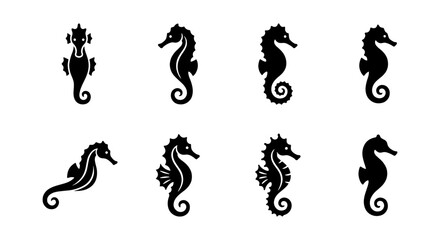Set of 8 Black Seahorse Silhouettes, Marine Life Icons, Ocean Creatures Vector Collection, Aquatic Animal Graphics © Mominul