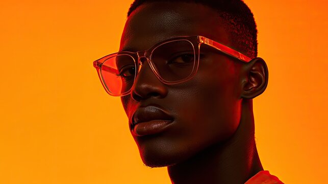 Dark skinned young man wearing clear framed eyewear against vibrant orange background
