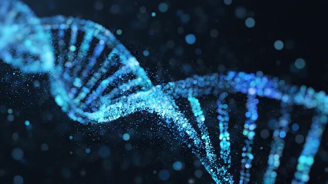Cinematic 3D animation of glowing blue DNA double helix strand rotating on a dark background with floating particles.