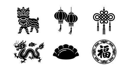 Chinese New Year Icons Set: Dragon, Lion Dance, Lanterns, Dumpling, Knot, Fortune Symbol Vector Graphics for Festive Celebrations © Shohidul