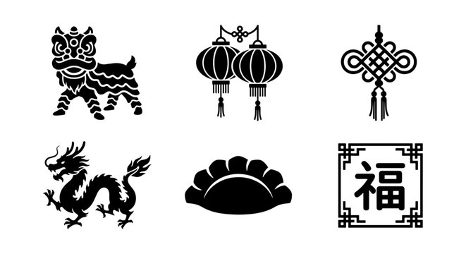 Chinese New Year Icons: Dragon, Lion Dance, Lanterns, Dumpling, Knot, Fortune Symbol Vector Set