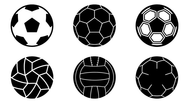 Set of 6 Soccer Balls and Sports Balls Icons, Vector Graphics for Sport Design and Game Elements