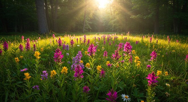 森の奥から降り注ぐ黄金色の夕陽が色鮮やかな野の花々を眩しく照らし輝く初夏の草原. AI Generated
