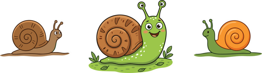 Cute Cartoon Snail Character Set with Happy Green and Brown Snails on Grass for Kids, Nature, Children Book, and Animal Illustration Designs © mdnazrul