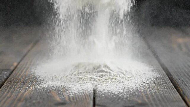 Sifting Flour onto Wooden Surface: Culinary Process Creating Soft, White Powder in a Kitchen Setting for Cooking