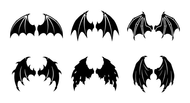 Diverse Bat Wings Vector Icons Set, Gothic Fantasy Creature Appendages, Dark Angel Silhouette Elements, Spooky Halloween Graphic Symbols, Stylized Devil Wings Collection