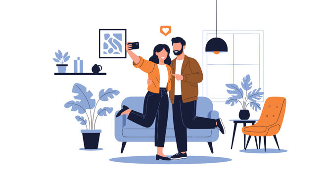 Happy couple capturing a memorable moment by taking a selfie together while relaxing in their cozy and modern living room furniture.