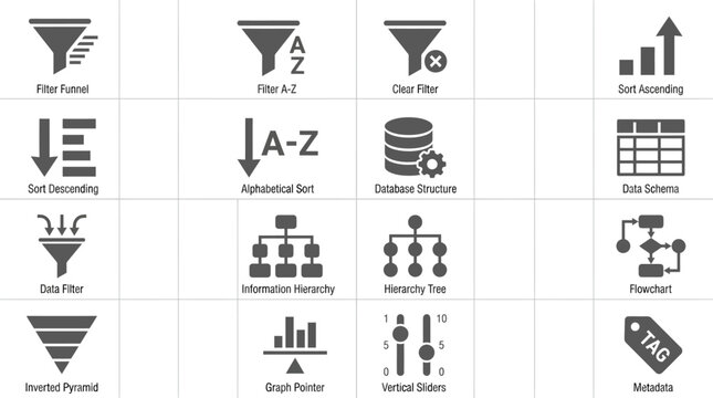Collection of data management and organization interface icons.