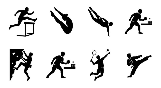 Sports Icons Vector Set: Hurdles, Diving, Table Tennis, Rock Climbing, Badminton, Karate, Silhouette Graphics for Active Lifestyle and Fitness