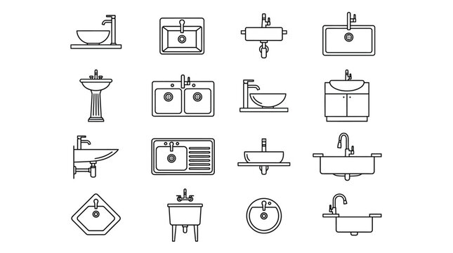 Collection of various bathroom and kitchen sink line art icons.