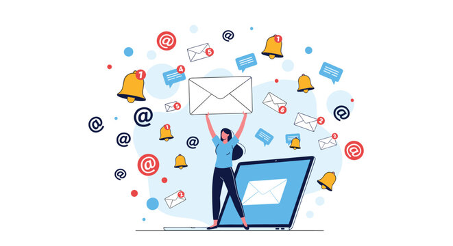 Active woman holding up a large white envelope as numerous email and notification icons fly around representing digital communication.