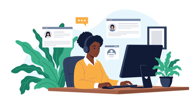 Professional black woman wearing a headset and working at her computer screen while managing multiple user video profiles and accounts.
