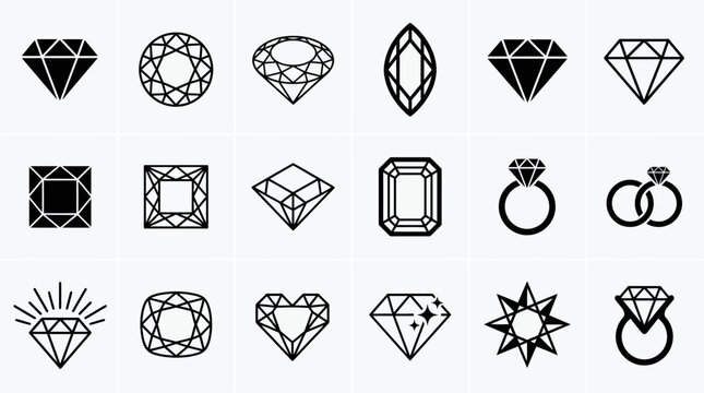 Collection of various diamond and gemstone jewelry icon set.