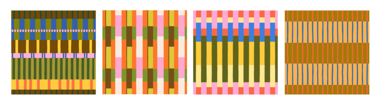 Geometric striped seamless patterns set. Endless geometry and grid design for fabric, textile or rug. Weave textures, woven backgrounds in modern retro style. Printable flat vector illustrations