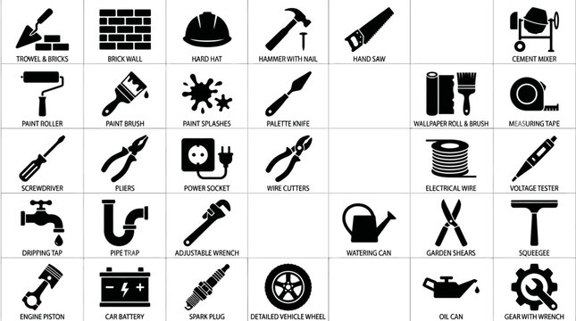 Collection of various construction maintenance and automotive repair tool icons.