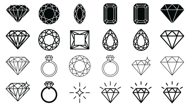 Collection of various diamond and gemstone jewelry icon set.