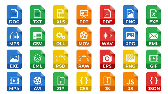 Collection of various file format icons representing common digital document types.