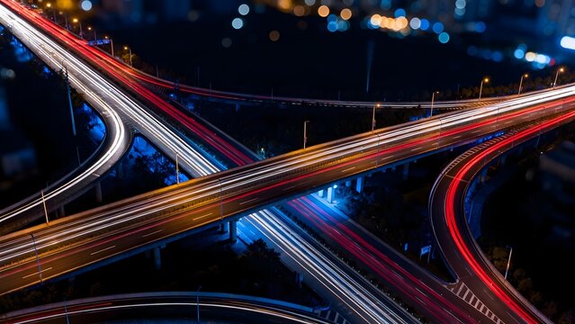 Nighttime highway intersection with light trails