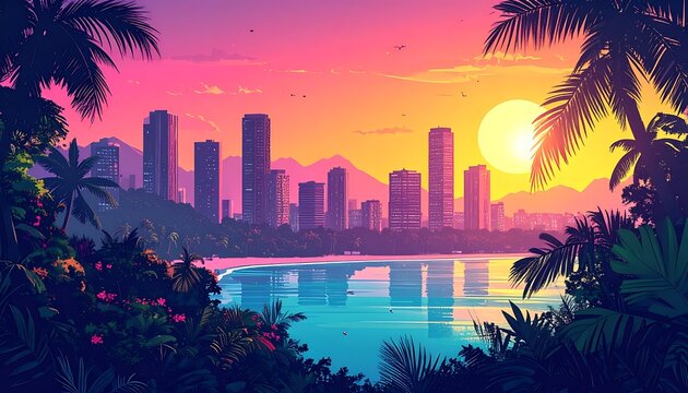 A serene cityscape during sunset, with a vibrant sky, calm waters, and lush greenery