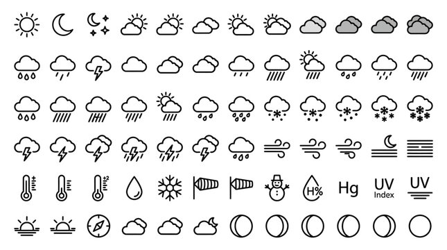 Comprehensive Set of Weather Forecast Icons and Symbols.