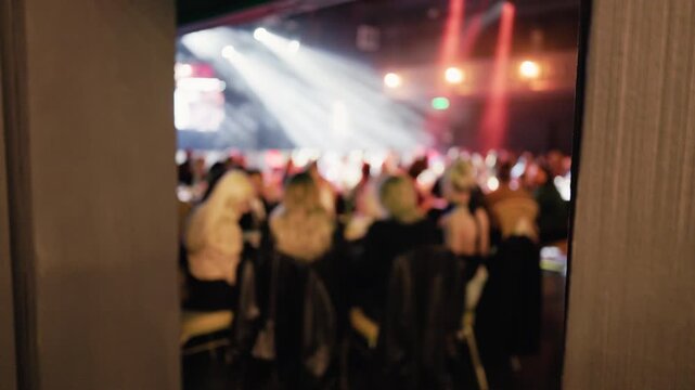 View from backstage door opening. Scene overlooking audience from behind backstage entrance