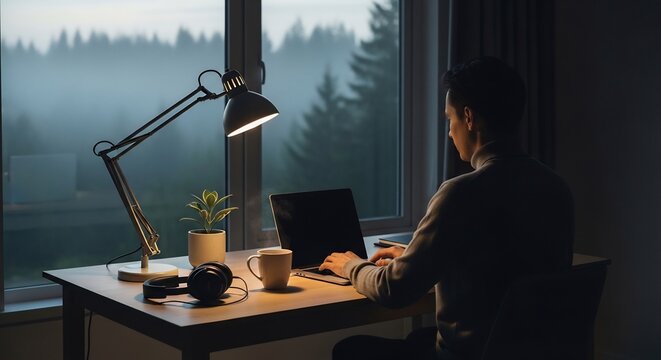 静かな薄明かりの窓辺でデスクランプが優しく照らす中男性がPC作業に集中し生産的に働く様子. AI Generated
