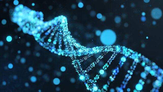 Cinematic 3D animation of glowing blue DNA double helix strand rotating on a dark background with floating particles.