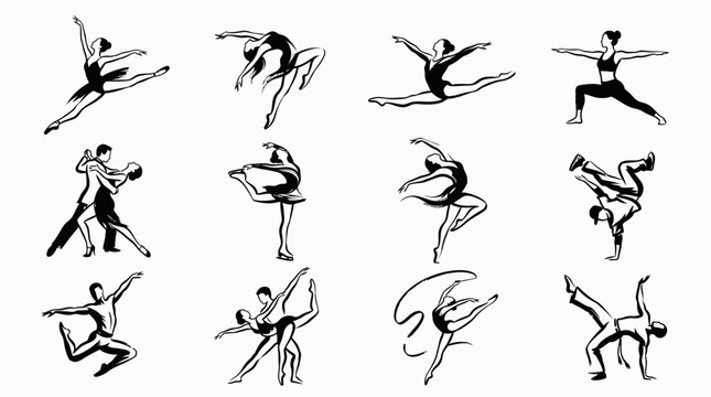 Set of black and white sketches of people dancing in various styles.