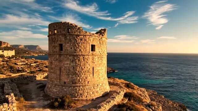 Coastal drone view of historic stone tower ruin overlooking blue sea under a sunny sky